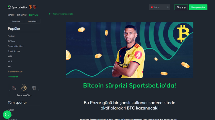 Sportsbet.io’dan Pazar Günü 1 BTC Kazanma Fırsatı