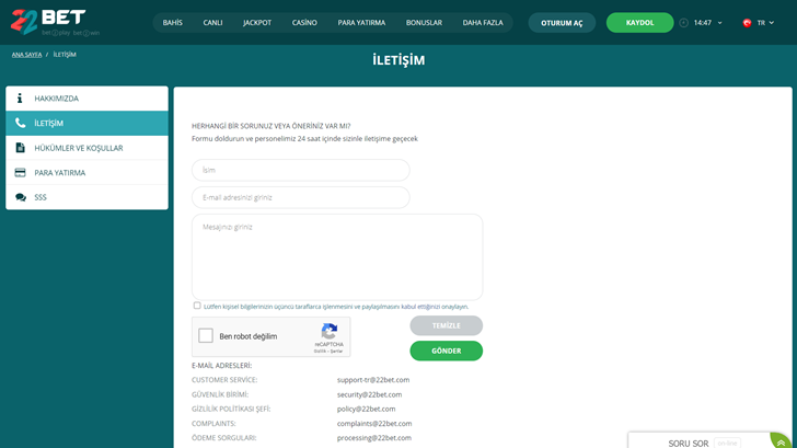 22bet Destek ve Telefon Numarası